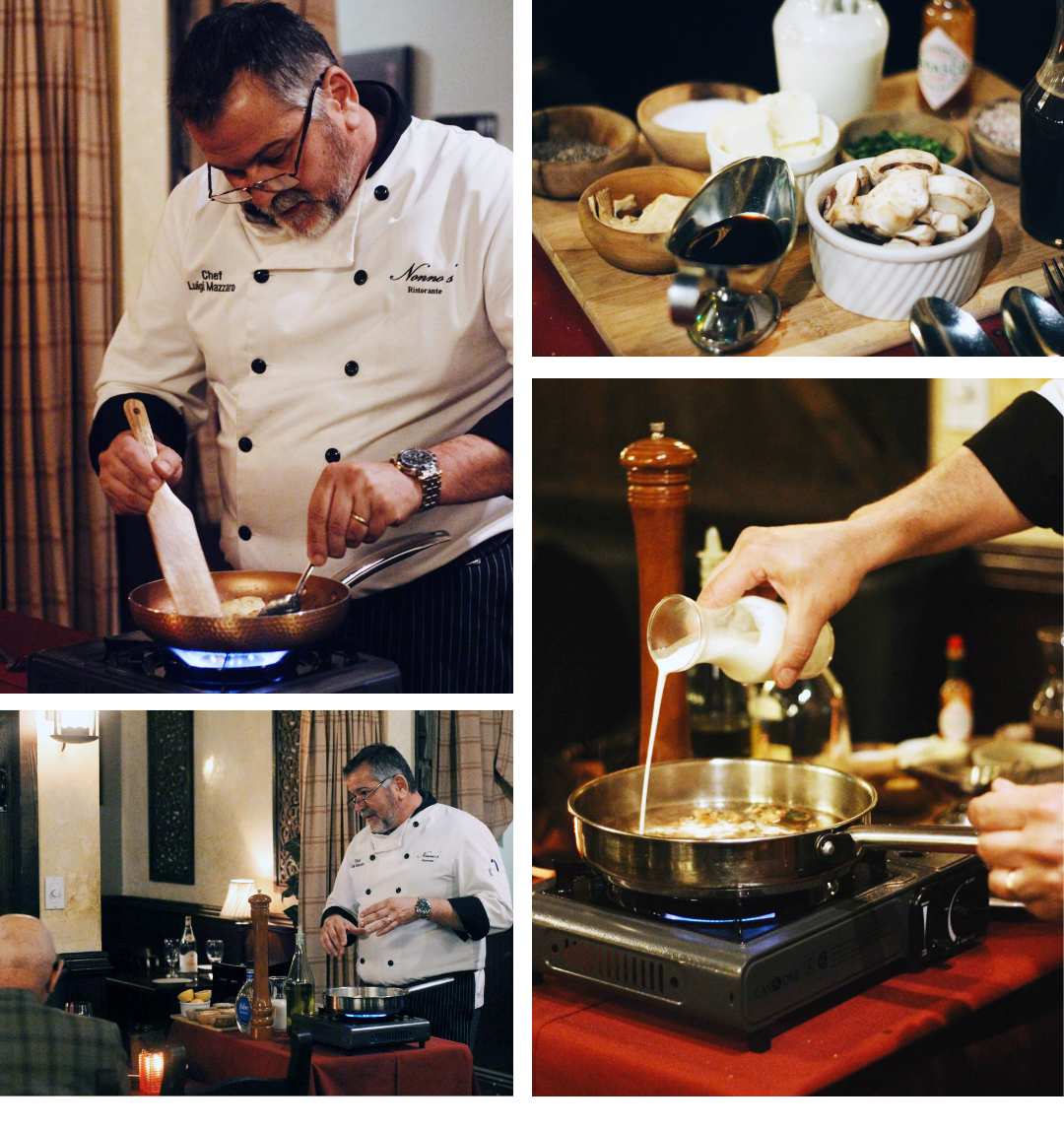 Collage of 4 images showing Nonno's new Table Side dining with Chef Luigi